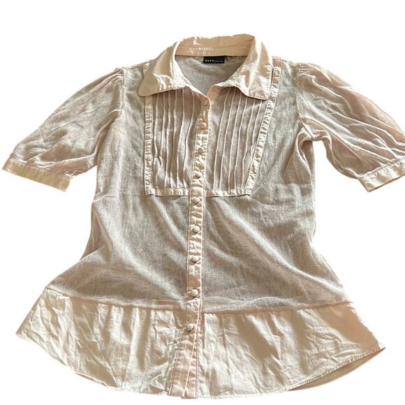 CITY UNLTD Blush Pink Mesh Blouse Size Small Button Front Short Sleeves - Picture 1 of 8